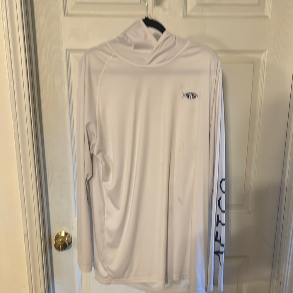 AFTCO White Long Sleeve Hoodie with Navy Logo